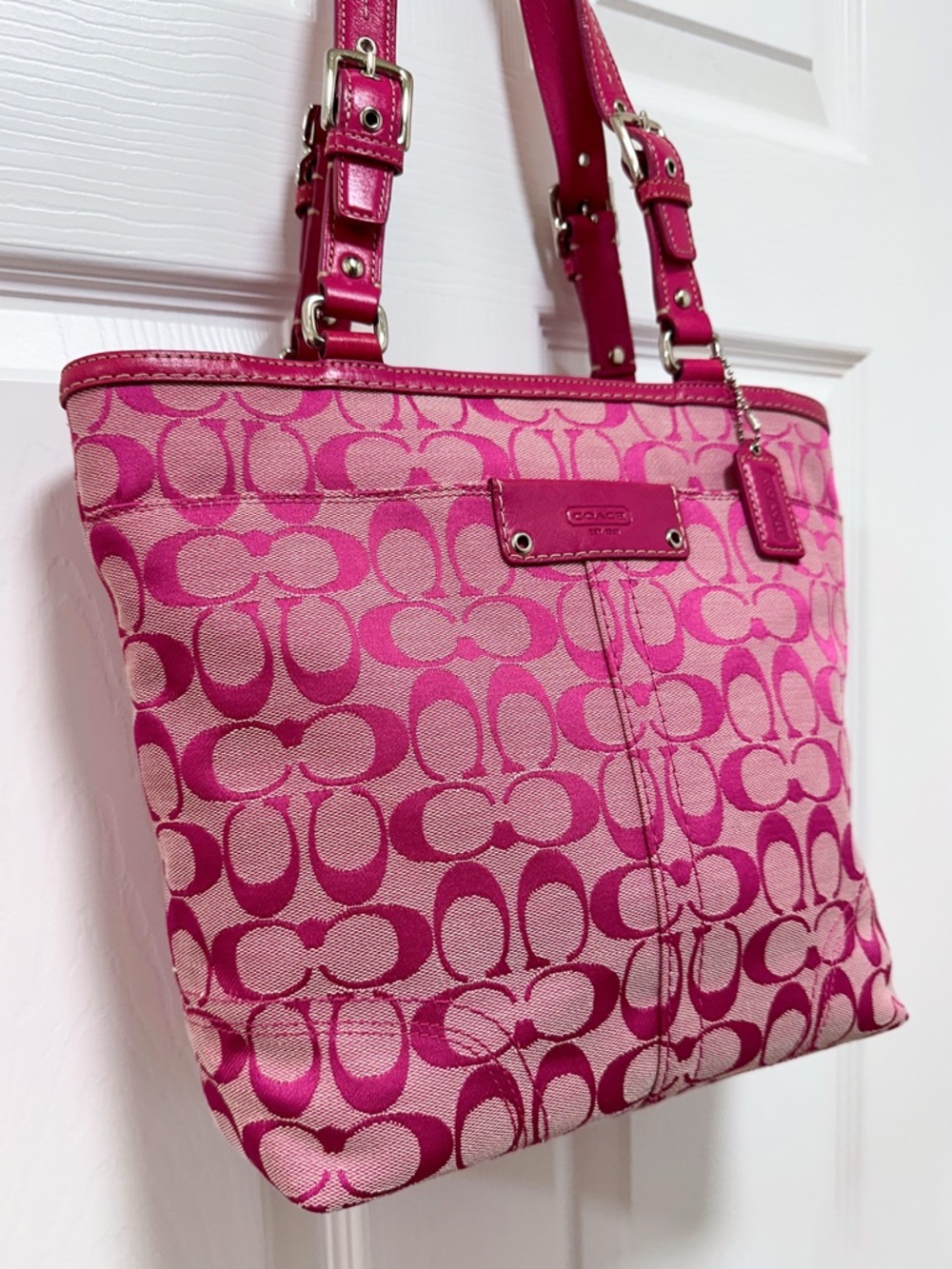 Coach Gallery Tote Signature Jacquard Pink Leather Trim Y2K - Picture 3 of 15